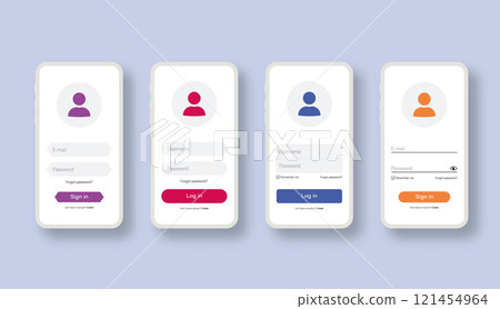 Log in form page template on modern white smartphone. Mobile phone mockup with login application with password form window. Vector 121454964