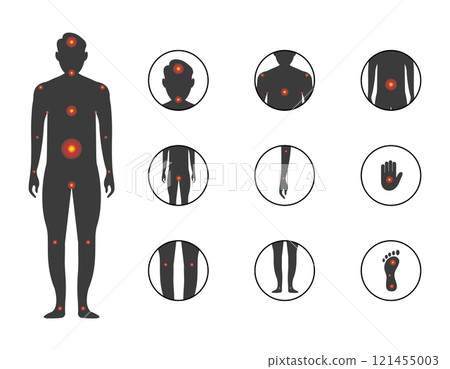Silhouette of a man with different body pain. Point of male body pain. Injury icon set. Vector Silhouette of a man with different body pain. Point of male body pain. Injury icon set. Vector 121455003
