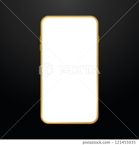 Realistic gold smartphone on black background. Golden mobile phone mockup. Empty white screen of cell phone. Vector 121455035