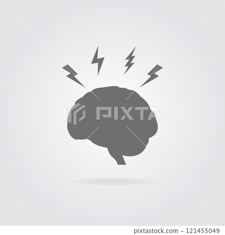 Headache and stress concept. Brain icon with lightning symbol on grey background. Brainstorm concept. Vector 121455049