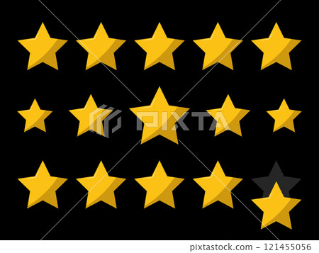 Yellow stars rating icon set on black background. Five stars of customer product rating review. Feedback icon for app and website. 121455056