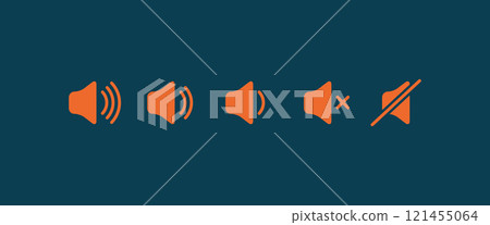 Sound volume flat icon. Sign for increases and reduces loud sound. Set of orange volume level icons on blue background 121455064