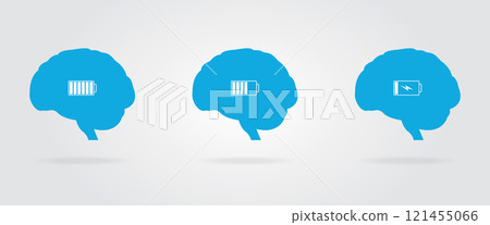 Mental energy reduction. Brain concentration concept. Full, half full and empty battery energy in human mental. Vector 121455066