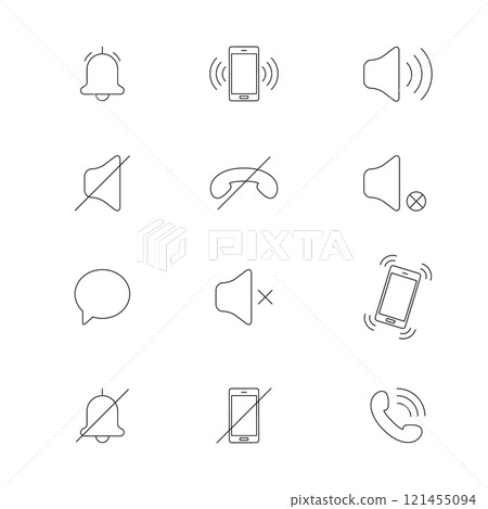 Audio mobile phone line icons. Quiet mode. Mode of noise, silence, vibration. Various sound signal signs. Vector 121455094