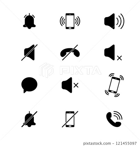 Audio mobile phone icons. Mode of noise, silence, vibration. Various sound signal signs. Quiet mode. Vector 121455097