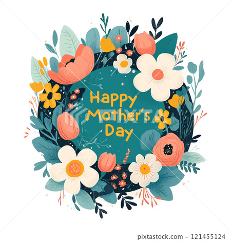 A colorful flowery design with the words Happy Mother's Day written in cursive. The design is meant to convey a sense of warmth and love for mothers on this special day 121455124