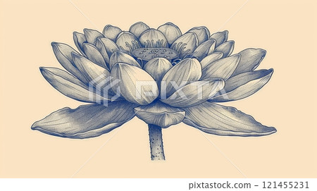 A finely detailed illustration captures a blooming lotus flower with numerous petals and a serene backdrop. The delicate lines emphasize the beauty and tranquility of this aquatic plant. 121455231