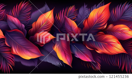 Exotic tropical leaves showcase vivid hues of orange, purple, and dark green, creating a striking contrast against a deep black backdrop for a captivating visual experience. Exotic tropical leaves showcase vivid hues of orange, purple, and dark green, creating a striking contrast against a deep black backdrop for a captivating visual experience. 121455236