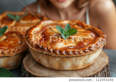 Freshly baked pie with a golden crust and glossy filling sits on a rustic wooden board. Mint leaves garnish the top, enhancing its visual appeal and flavor, perfect for dessert enthusiasts. 121455248