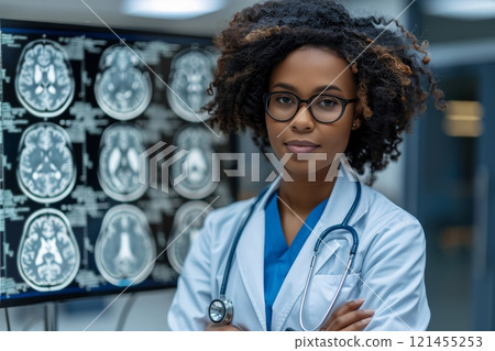 A dedicated healthcare professional stands confidently with arms crossed, analyzing brain scans displayed on a screen in a modern medical facility. The atmosphere reflects focus and professionalism. A dedicated healthcare professional stands confidently with arms crossed, analyzing brain scans displayed on a screen in a modern medical facility. The atmosphere reflects focus and professionalism. 121455253