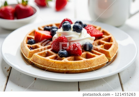 Warm, golden-brown waffles sit on a white plate, generously topped with fresh strawberries and blueberries. A dollop of whipped cream adds a creamy texture, enhancing the sweet breakfast experience. 121455263
