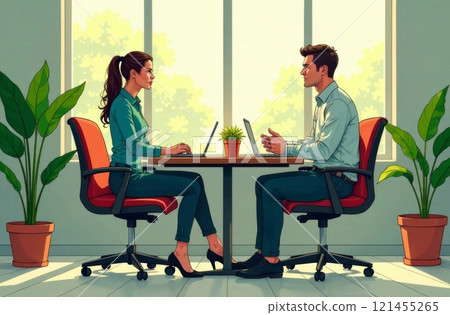Two professionals sit at a table in a modern office, engaging in a conversation. The woman types on her laptop while the man listens attentively. Green plants add a refreshing touch to the workspace. 121455265