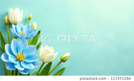 A beautiful arrangement of blue and white flowers rests against a soft pastel background. The blossoms showcase delicate petals and lush green leaves, creating a serene and uplifting atmosphere. 121455266