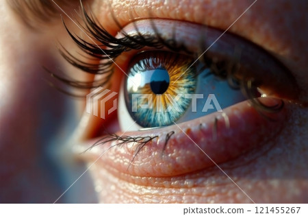 A captivating close-up showcases a human eye, featuring vibrant blue and orange hues. Long, delicate eyelashes frame the eye, emphasizing its unique color and detail under soft lighting. 121455267