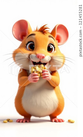 A cheerful cartoon hamster with large eyes and orange fur holds popcorn in its paws. The background is plain, highlighting the hamster's delighted expression as it snacks. 121455281
