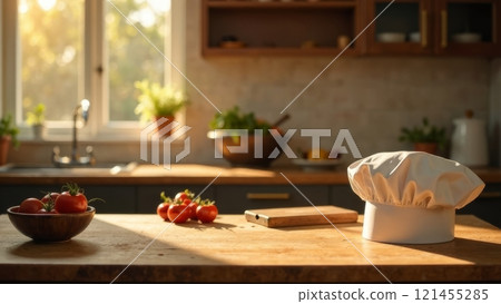 A cozy kitchen filled with natural light features ripe tomatoes on a wooden table. A chefs hat rests nearby, indicating a passion for cooking and the preparation of delicious meals. 121455285