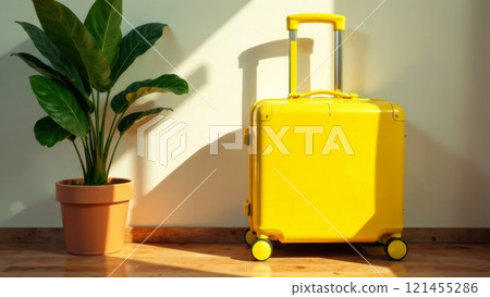 A vibrant yellow suitcase stands next to a lush green potted plant in a well-lit room. Soft sunlight casts shadows, enhancing the warm atmosphere of the space. 121455286