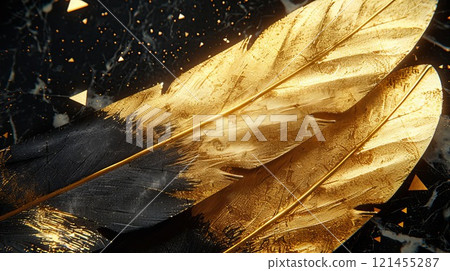 Exquisite golden and black feathers rest on a textured dark surface, capturing light and enhancing their vibrant hues. 121455287