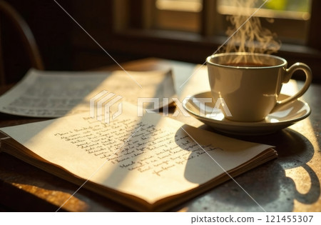A steaming cup of coffee rests beside handwritten notes on a table. Sunlight filters through a window, creating a warm atmosphere perfect for enjoying quiet moments of reflection and creativity. A steaming cup of coffee rests beside handwritten notes on a table. Sunlight filters through a window, creating a warm atmosphere perfect for enjoying quiet moments of reflection and creativity. 121455307
