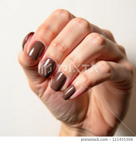 A hand with elegantly manicured brown nails is displayed against a light background. The nails exhibit a glossy finish and a stylish design, reflecting current trends in nail aesthetics. 121455308