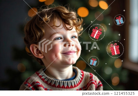 A cheerful young boy smiles broadly while envisioning colorful gifts. The warm ambiance of holiday lights in the background enhances the joyful mood of the moment. A cheerful young boy smiles broadly while envisioning colorful gifts. The warm ambiance of holiday lights in the background enhances the joyful mood of the moment. 121455325