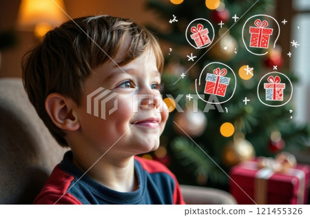 A young boy sits comfortably, smiling with joy as he imagines opening gifts during the festive season, surrounded by a beautifully decorated Christmas tree and warm indoor lights. A young boy sits comfortably, smiling with joy as he imagines opening gifts during the festive season, surrounded by a beautifully decorated Christmas tree and warm indoor lights. 121455326