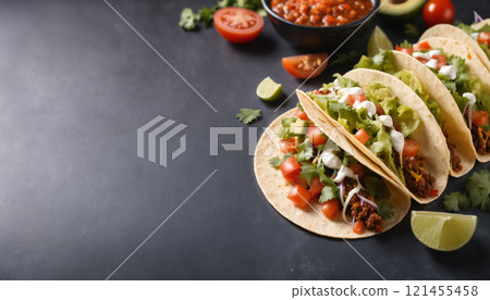 tacos on wooden table 121455458