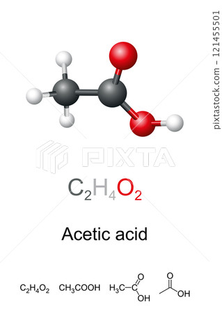 Acetic acid, ethanoic acid, molecule model and chemical structure. Acidic, colorless liquid and organic compound with chemical formula CH3COOH. Vinegar is at least 4 percent acetic acid by volume. 121455501