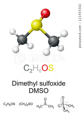 Dimethyl sulfoxide, DMSO, ball-and-stick molecule model and chemical structure. Organosulfur compound, colorless liquid and important polar aprotic solvent that dissolves polar and nonpolar compounds. Dimethyl sulfoxide, DMSO, ball-and-stick molecule model and chemical structure. Organosulfur compound, colorless liquid and important polar aprotic solvent that dissolves polar and nonpolar compounds. 121455502
