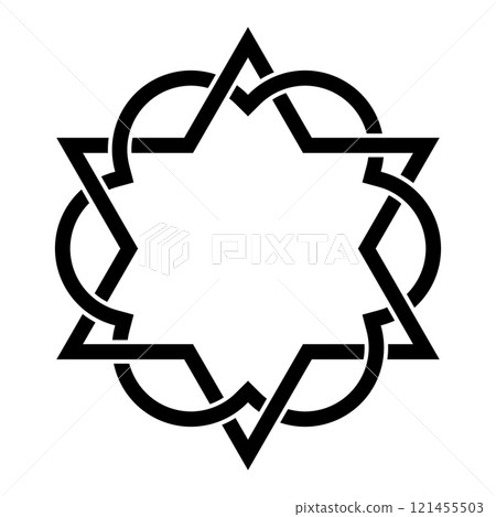 Six-pointed star interlaced with a sixfoil. Hexagram interwoven with an architectural sixfoil, a graphic form composed of the outline of six overlapping rings. Isolated illistration. Vector Six-pointed star interlaced with a sixfoil. Hexagram interwoven with an architectural sixfoil, a graphic form composed of the outline of six overlapping rings. Isolated illistration. Vector 121455503