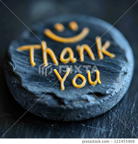 A round stone sits on a dark surface, featuring the words thank you carefully crafted in orange. A cheerful smiley face adds a friendly touch to the heartfelt message conveyed. 121455908