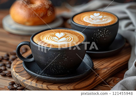 Two cups of carefully crafted coffee featuring heart latte art are placed on a wooden serving tray. A freshly baked donut sits in the background, creating a cozy cafe atmosphere. 121455948