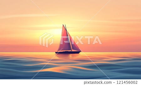 Sailboat at sunset on calm sea, peaceful serenity. Nautical adventure and tranquility concept 121456002