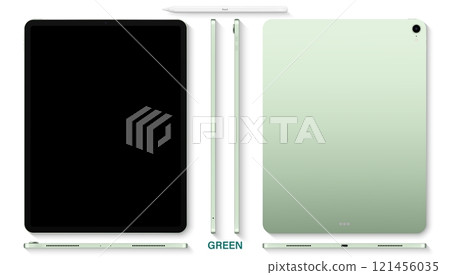 tablet green color with black touch screen saver and stylus top view isolated on white background. flat lay mockup of realistic and detailed device. stock vector illustration tablet green color with black touch screen saver and stylus top view isolated on white background. flat lay mockup of realistic and detailed device. stock vector illustration 121456035