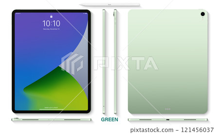 tablet green color with colorful touch screen saver and stylus top view isolated on white background. flat lay mockup of realistic and detailed device. stock vector illustration 121456037