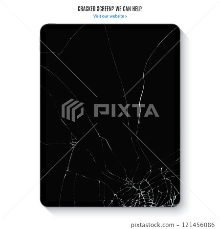 tablet with cracked touch screen for repair service isolated on white background. realistic and detailed broken device with shadow. stock vector illustration 121456086