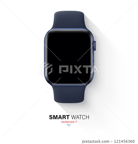smart watch in aluminum case with silicone band flat lay isolated on white background. top view wrist clock blue color with a sports strap. stock vector illustration 121456360