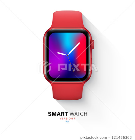 smart watch in an aluminum case with silicone band top view isolated on white background. flat lay red wrist clock with a sports strap. stock vector illustration smart watch in an aluminum case with silicone band top view isolated on white background. flat lay red wrist clock with a sports strap. stock vector illustration 121456363