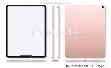 tablet pink color with blank touch screen saver and stylus top view isolated on white background. flat lay mockup of realistic and detailed device. stock vector illustration 121456528
