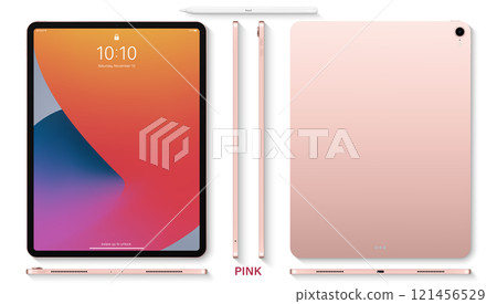 tablet pink color with colored touch screen saver and stylus top view isolated on white background. flat lay mockup of realistic and detailed device. stock vector illustration 121456529