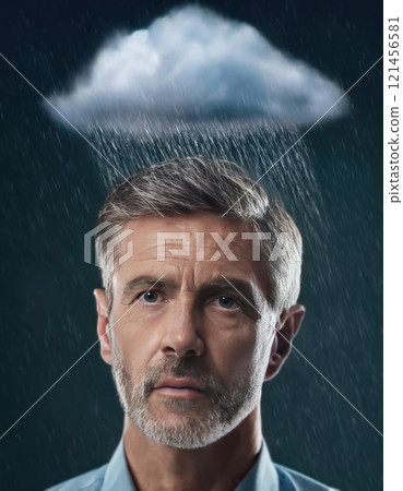 Pessimistic man stands under raincloud. Concept of losing memory, amnesia or Alzheimer's disease. Cloudy and moody thoughts 121456581