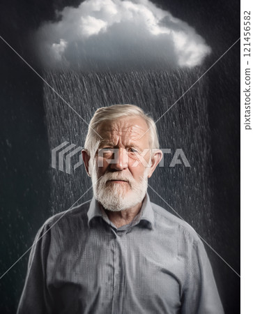 Pessimistic old man stands under rain with a storm cloud above head. Concept of losing memory, amnesia or Alzheimer's elderly disease. Cloudy and moody thoughts Pessimistic old man stands under rain with a storm cloud above head. Concept of losing memory, amnesia or Alzheimer's elderly disease. Cloudy and moody thoughts 121456582
