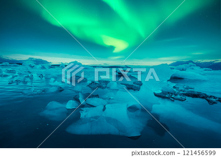 Aurora Borealis over Jokulsarlon Glacial Lagoon in Iceland Aurora Borealis over Jokulsarlon Glacial Lagoon in Iceland 121456599