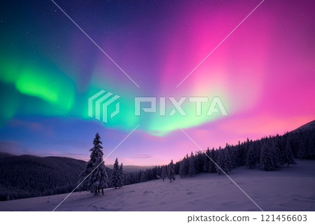 Fairy winter mountains with snowy fir-trees 121456603