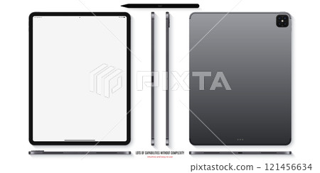 tablet grey color with blank touch screen saver and stylus top view isolated on white background. flat lay realistic and detailed device mockup. stock vector illustration tablet grey color with blank touch screen saver and stylus top view isolated on white background. flat lay realistic and detailed device mockup. stock vector illustration 121456634