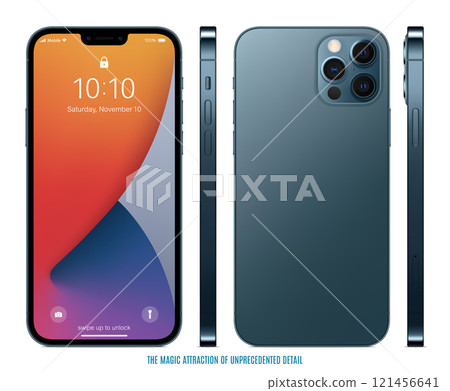 smartphone frameless blue color with colored screen saver front, back and side view isolated on white background. mockup of realistic and detailed new mobile phone. stock vector illustration smartphone frameless blue color with colored screen saver front, back and side view isolated on white background. mockup of realistic and detailed new mobile phone. stock vector illustration 121456641