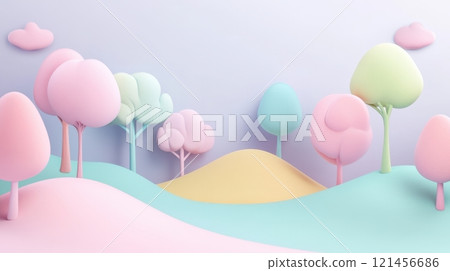 Simple 3D scene with pastel-colored trees 121456686