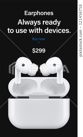 wireless headphones with charging case for advertising on instagram stories. earphones isolated on black background. realistic and detailed gadgets mockup. stock vector 3d illustration 121456758