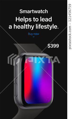 smartwatch grey color with colored touch screen saver for advertising on instagram stories. realistic and detailed watch mockup isolated on black background. stock vector 3d isometric illustration smartwatch grey color with colored touch screen saver for advertising on instagram stories. realistic and detailed watch mockup isolated on black background. stock vector 3d isometric illustration 121456759