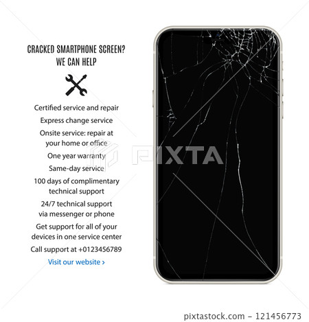smartphone with cracked touch screen for advertising repair service. mockup of realistic and detailed broken mobile phone isolated on white background. stock vector illustration smartphone with cracked touch screen for advertising repair service. mockup of realistic and detailed broken mobile phone isolated on white background. stock vector illustration 121456773